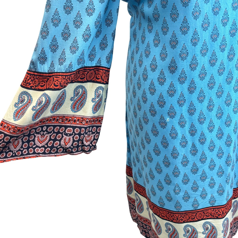 Beach Swimsuit Cover Up Midi Dress Blue Paisley Boho Tunic Coastal Resortwear L